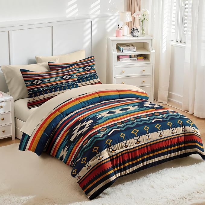 Nesker Comforter Set Queen Size, Southwest Aztec Geometric 7 Pcs Bedding for Kids and Adults, Bohemian Vintage Bed Sheet Sets with Fitted Sheet 2 Pillowcases & 2 Shams