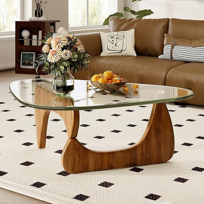 Glass Coffee Table, 44.9″D×32.3″W×15.8″H Triangle Center Tables with Tempered Glass Top & Eco-Friendly Wood Base, Mid Century Modern Coffee Table for Living Room, Apartment