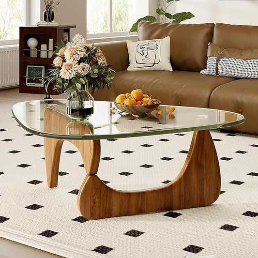 Glass Coffee Table, 44.9″D×32.3″W×15.8″H Triangle Center Tables with Tempered Glass Top & Eco-Friendly Wood Base, Mid Century Modern Coffee Table for Living Room, Apartment