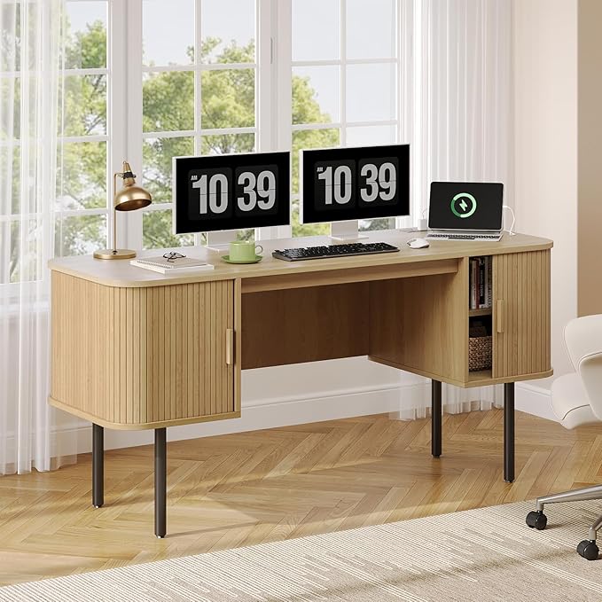 ONBRILL 63 Inch Fluted Computer Desk with Charging Station, Mid Century Executive Desk with 2 Storage Cabinets, Modern Home Office Large Desk with Metal Legs for Working, Studying, Writing, Oak