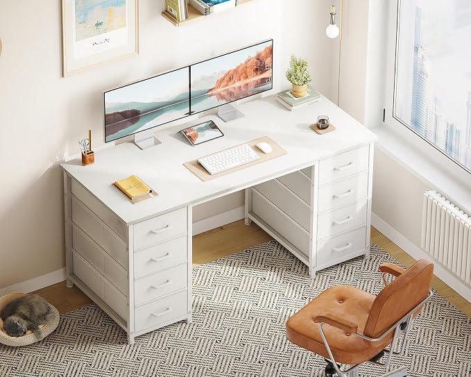 ODK 48 Inch White Computer Desk with 8 Fabric Drawers, Modern Office Desk with Large Storage for Home Office, Study, Gaming, White