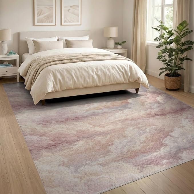 8'x10' Washable Flatwoven Rug, Cream Watercolor Abstract Stain Resistant Extra Large Carpet Non-Slip Chair-Friendly Mat for Dining Room, Large Office, Lounge | Ref:2208254