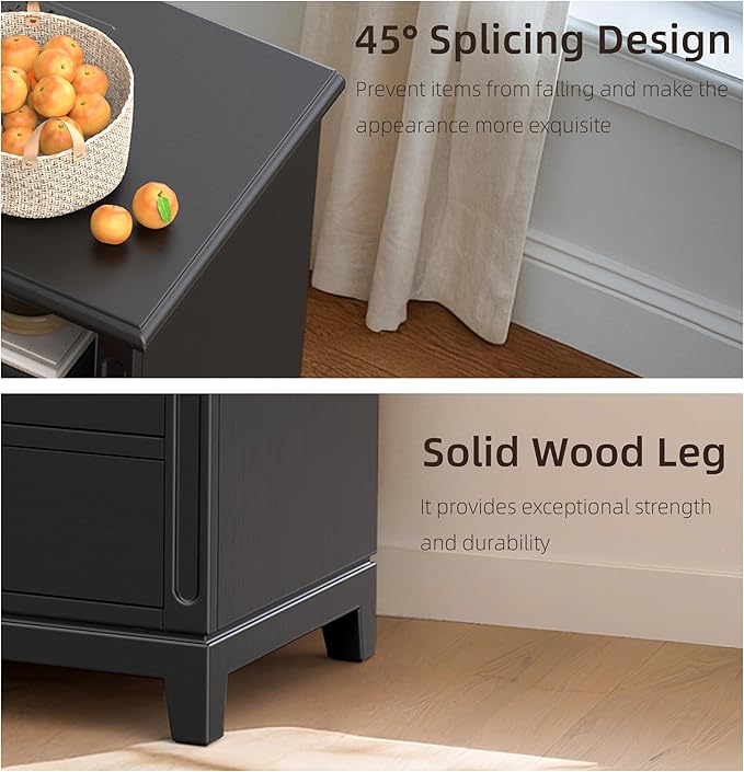 24" Wide Farmhouse Nightstand with Charging Station, Solid Wood End Table with 2 Large Drawers & Open Shelf, Bedside Table with USB Ports and Outlets, Side End Table for Bedroom