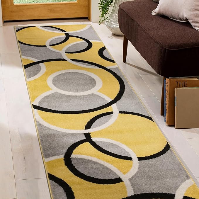 Rugshop Contemporary Abstract Circles Runner Rug, Non-Shedding Carpet for Hallway, Entryway, or Kitchen, Yellow, 2' x 7'2"