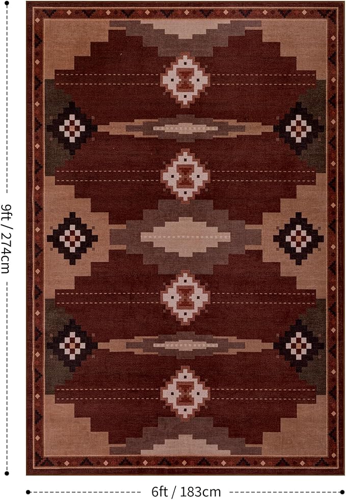YIHOUSE Navajo Rustic Rug for Living Room, 6x9 Southwestern Area Rug Mid Century Modern Brown Rug Soft Non-Slip Washable Rugs for Bedroom, Dining Room (Brown/Red, 6'x9')
