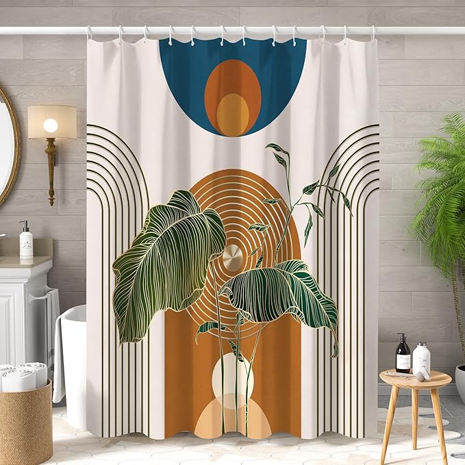 Boho Shower Curtain for Bathroom Modern Mid Century Plant Palm Leaves Bath Curtain Modern Minimalist Geometric Arch Bath Decor Waterproof Polyester Fabric Curtains Set 72x72 inch