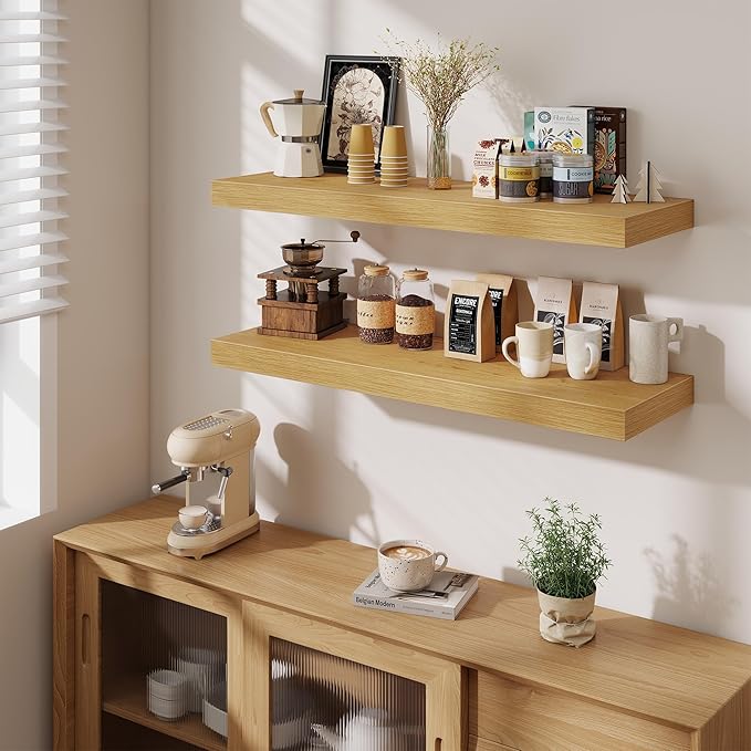 Fun Memories Floating Shelves for Wall, 40 Inch Floating Shelf for Home Decor, Wall Mounted Rustic Wood Shelves 12 Inch Deep, Hanging Deep Shelf for Bedroom, Living Room, Kitchen, Oak, Set of 2