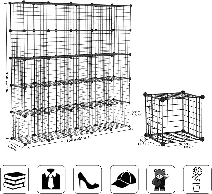 Wire Cube Storage Organizer, 25-Cube Modular Mental Grids Bookshelf, DIY Stackable Closet Cabinet for Bedroom Living Room, Office, Iron
