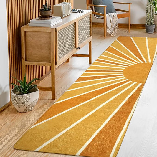 Lahome Boho Sun Runners Rug: 2'x8' Non-Slip & Washable Low-Pile Rug with Rainbow Sun Abstract Print for Hallway, Kitchen, Entryway, Laundry, Bathroom, Living Room