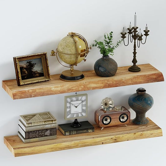 SAUMONIERES Live Edge Floating Shelves for Bedroom Living Room Wall Mounted Storage Long Natural Elm Wood Shelf Large Heavy Duty 8 Inch Deep, 36 inch Set of 2 Narutal Floating Shelves