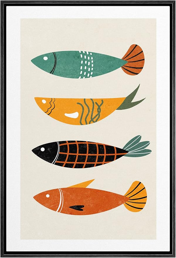 Woodrose Framed Canvas Print Wall Art Mid-Century Pattern Ocean Fish Animals Shapes Illustrations Modern Minimalist Chic Relax/Calm Multicolor for Living Room, Bedroom, Office - 24"x36" Black