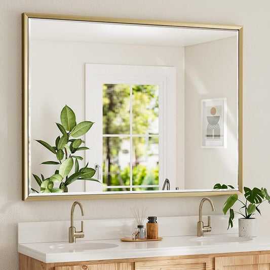 48 x 36 Gold Bathroom Mirror, Brushed Gold Beveled Bathroom Mirror, Shatterproof Large Gold Frame Rectangle Mirror, Brushed Brass Gold Framed Vanity Mirror Vertical/Horizontal Wall-Mounted