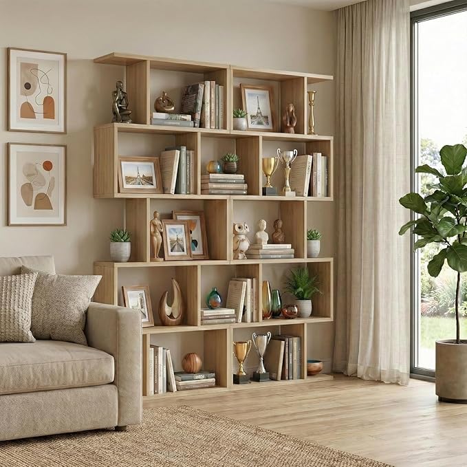 5-Tier Geometric Bookcase (Set of 2), 62.6" Tall S-Shaped Bookshelf & Room Divider, Modern Oak Freestanding Display Shelving Unit for Living Room, Hallway, Home Office