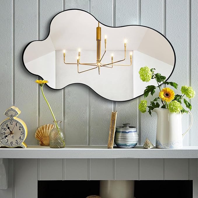 Irregular Mirror, 30"x18" Asymmetrical Mirrors, Black Metal Frame Wall Mirrors Decorative, Modern Odd Shaped Mirror for Living Room Bathroom Bedroom Hallway Entryway Fireplace