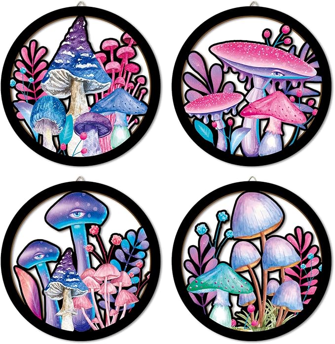 HPNIUB Abstract Whimsical Mushroom Cottage Wall Decor, Watercolor Moody Botanical Plant Moss Hanging Sign, 4 Pieces 10''x10'' Vintage Farmhouse Magical Mushroom Artwork for Bedroom Nursery Home Decor