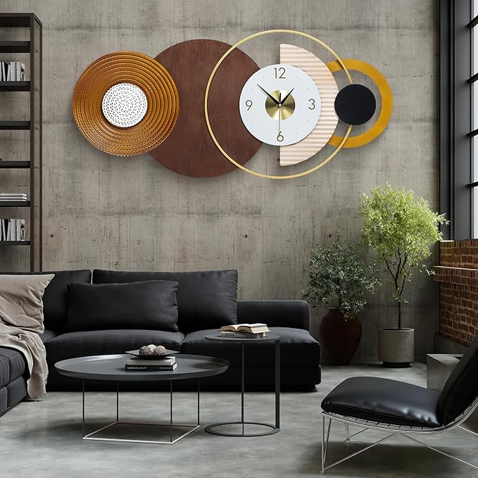 32x16 inch Large Modern Mid-Century Wall Clock - Non-Ticking Silent Metal and Wood Brown Decorative Clock, Battery Operated Analog Clocks for Living Room, Bedroom, Home Decor