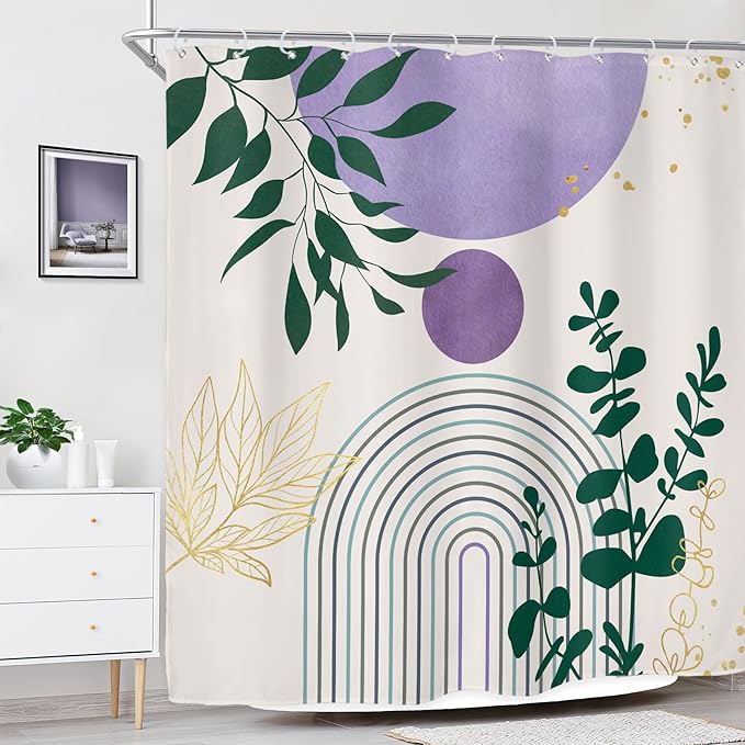 Riyidecor Purple Boho Modern Shower Curtain for Bathroom Decor 72Wx72H Bohemian Leaves Mid Century Eucalyptus Arch Line Art Printed Fabric Polyester Waterproof 12 Pack Plastic Hooks
