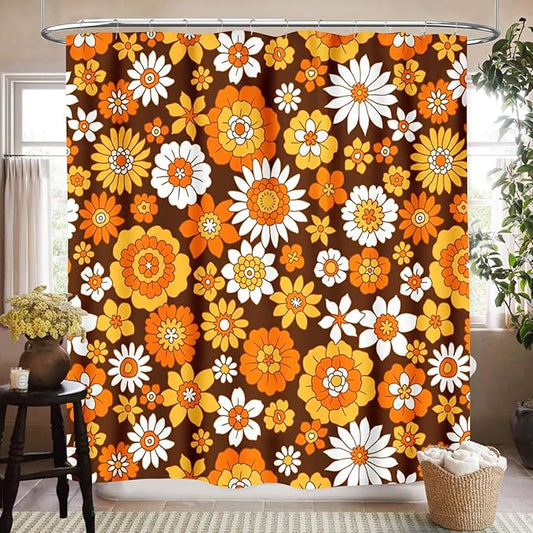 Groovy Floral Shower Curtain for Bathroom,Rustic Hippie Orange 70s Daisy Floral Flower Cute Boho Funky Trippy Vintage Waterproof Fabric Shower Curtain Set with Hooks, 72"x78"