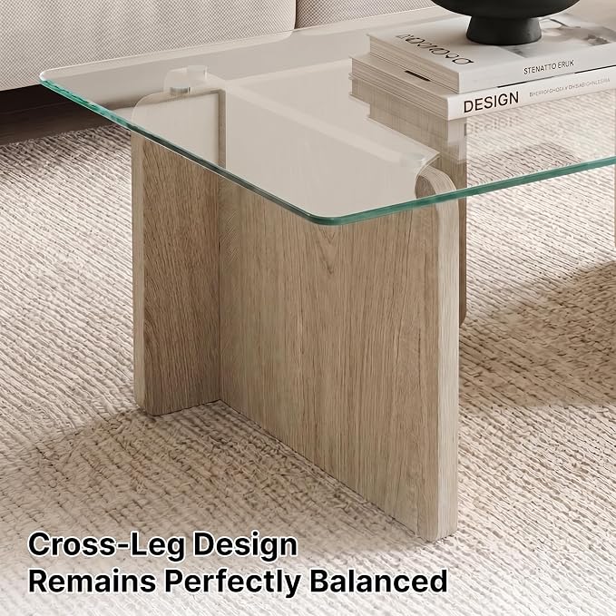 Modern Glass Coffee Table, 39.4 Inches Rectangular Center Tables for Living Room, Coffee Table with Wood Cross Base Easy Assembly Oak