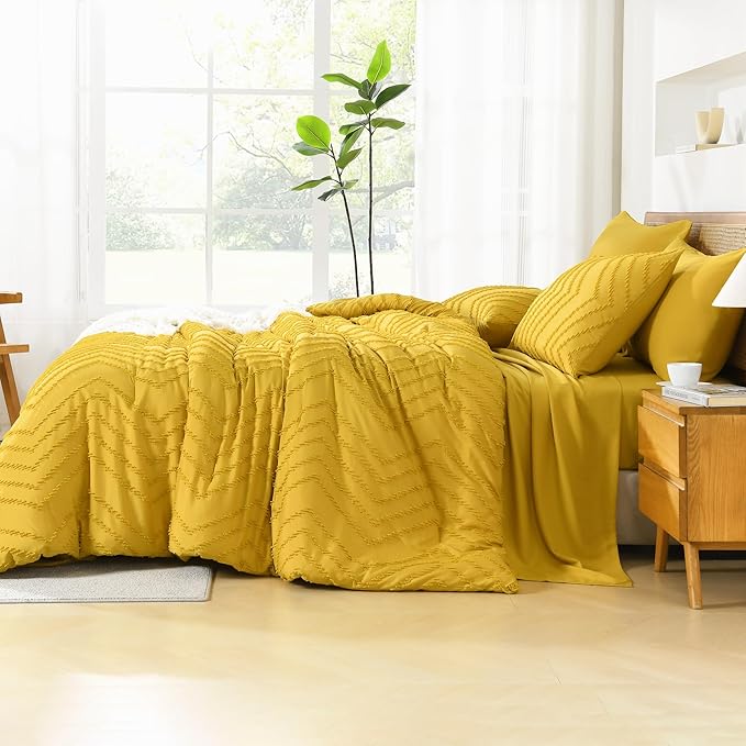 Litanika King Size Comforter Set with Sheets Mustard Yellow - 7 Pieces Bed in a Bag King Chevron Tufted Complete Bedding Sets with Comforter, Sheets, Pillowcases & Shams