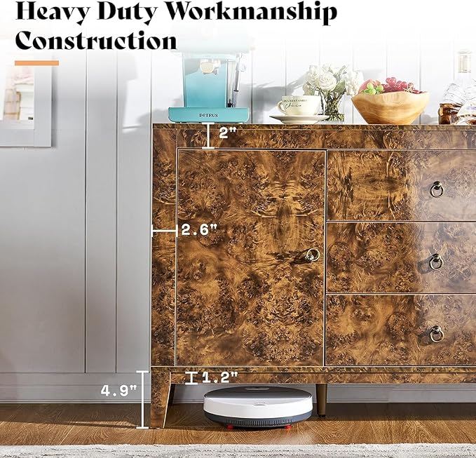 AMERLIFE 60" Large High Gloss Burl Buffet Sideboard Cabinet, Wood Sideboard Storage Cabinet with Drawers, Retro Handles, Heavy Duty Coffee Wine Bar Buffet Table for Dining Room, Living Room, Brown