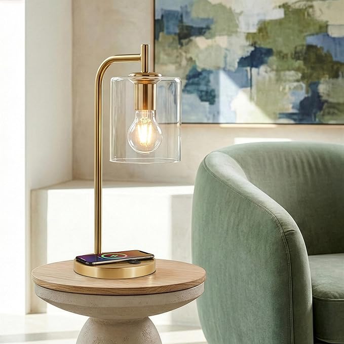 Brightech Elizabeth Table Lamp with Wireless Charging Pad and USB-C Port, Bedside Reading Lamp, Vintage Brass Gold Desk Lamp, Nightstand Lamp with LED Bulb for Bedroom, Living Room, Office