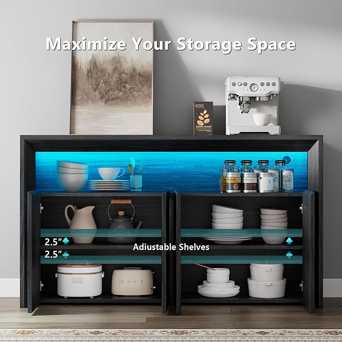 66.2" Buffet Cabinet with Storage and led Lights,Modern Sideboard Cabinet with 4 Doors & Shelves,Fluted Media Console Mid Century Coffee Bar Table for Living Room Kitchen Dining Room Hallway,Dark Grey