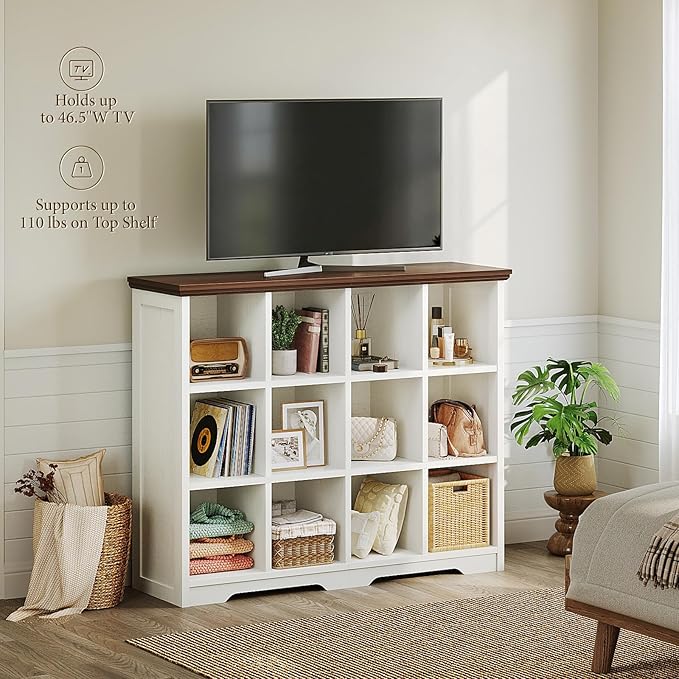 OffiGo 12 Cube Organizer Bookcase, Modern Farmhouse Open Shelf for Storage Bins & Decor, Display Bookshelf Console Closet for Living Room, Bedroom, Home Office, Walnut+White