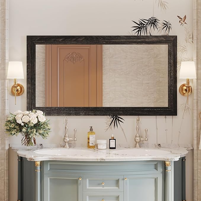 Rustic Wall-Mounted Vanity Mirror, Solid Wood Frame Bathroom Mirror, Farmhouse Style for Living Room, Bedroom, Entryway, Horizontal/Vertical Hanging