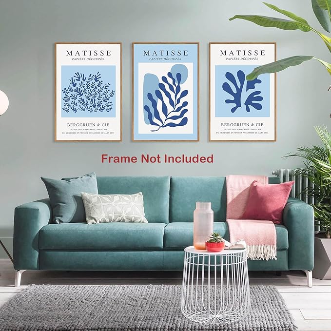 BingruiArt Blue Matisse Wall Art Canvas Boho Flower Set of 3 Minimalist Plant Leaves Painting Abstract Pictures Aesthetic Prints Home Decor for Living Room Bedroom Bathroom 12"x16" Unframed