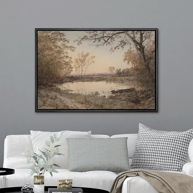 MUDECOR Framed Canvas Print Wall Art Rustic Country Farmhouse Forest Lake Nature Wilderness Antique Retro Fine Art Shapes Illustrations Decorative Colorful Multicolor for Bedroom - 24"x36" Black