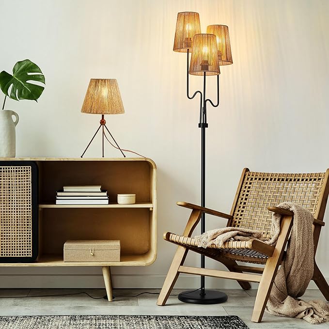 Boho Floor Lamp, 68in. Rattan Floor Lamps with Rattan Shade,3 Light Tree Standing Lamp for Bedroom,Nursery,E26 Socket, Living Room Floor Lamp for Rustic,Coastal, Beach or Bohemian Decor (Black)