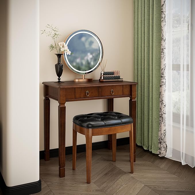 Vintage Wooden Writing Desk with 2 Drawers, Small Computer Desk Workstation 31.5in Wide Study Table for Home Office, Small Secretary Table in Cherry Walnut, SSZ-D1258