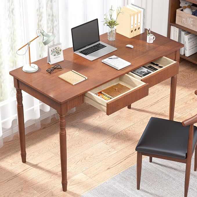 100% Solid Wood Desk with Drawers - 47.2” x 21.7” Mid Century Modern Desks, Vintage Writing Desk with Drawers, Simple Work Study Table, Home Office Computer Desks for Any Room - Walnut Color