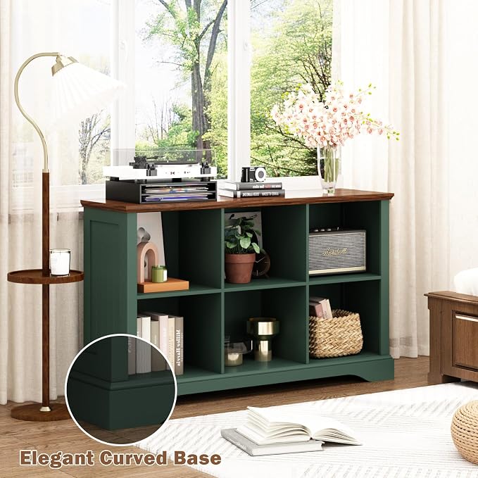 6 Cube Storage Organizer - 47.4" Farmhouse Wood Low Bookshelf, 3 Tier Horizontal Open Shelf Bookcase Cubby Storage Console Cabinet for Living Room, Entryway, Office, Green