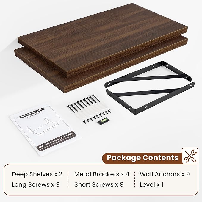 Deep Wall Shelves 24"W x 12"D Engineered Wood Floating Shelves for Wall, Sturdy Metal Bracket Bookshelves Home Decor Storage for Living Room Bedroom Bathroom Kitchen, Set of 2, Walnut Finish