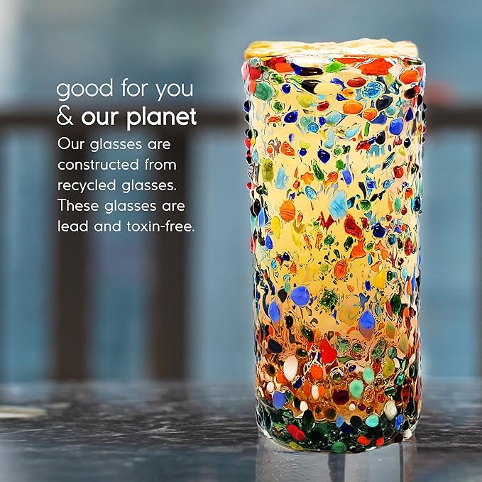 Confetti Rocks 20 oz Tall Iced Tea Glasses (set of 6) Mexican Handmade Multicolor Glassware, Recycled Glass, Lead-free, Toxin-Free (Tall Iced Tea)