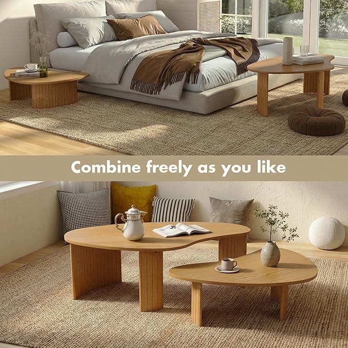 Nesting Coffee Tables Set of 2 – Cloud/Mango Shaped Ash Veneer Top with Fluted Solid Wood Legs, Space-Saving End Tables for Living Room, Natural Wood Finish (47" L x 25" W x 16" H)