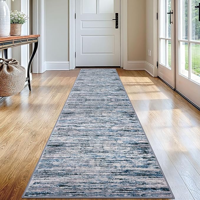 Lansny Modern Abstract Runner Rug 2x12, Grey Blue White Washable Long Kitchen Runner Non-Slip Soft Hallway Rug Runner Thin Print Faux Wool Carpet for Entryway Bedroom Laundry Room Indoor Home Decor