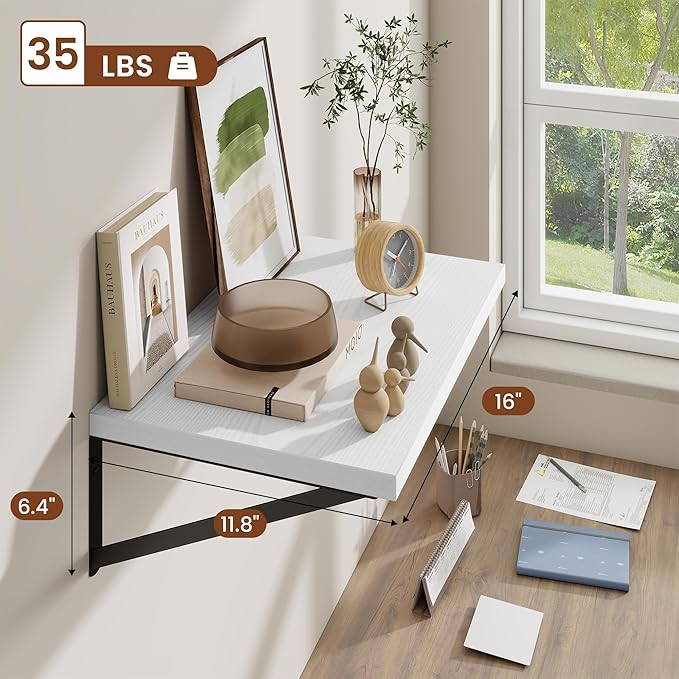 Deep Wall Shelves 16"W x 12"D Engineered Wood Floating Shelves for Wall, Sturdy Metal Bracket Bookshelves Home Decor Storage for Living Room Bedroom Bathroom Kitchen, Set of 2, White Finish