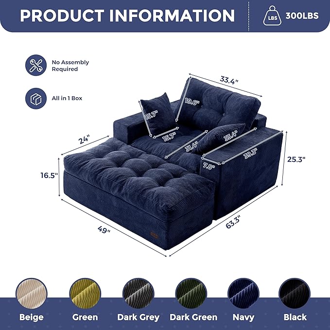 MAXYOYO Oversized Chaise Lounge Sofa, Upholstered Lounge Chair with 3 Pillows, Tufted Boneless Sofa Couch with Ottoman, Deep Seat Chair for Living Room, No Assembly, Navy