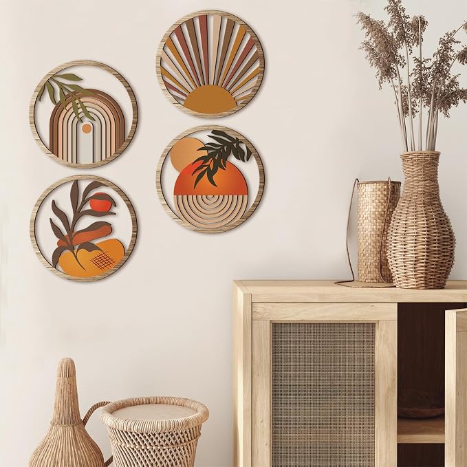 Qunclay 4 Pcs Boho Wall Art Bohemian Wooden Round Circle Wall Decor Hollow out Hanging Farmhouse Aesthetic for Bedroom Living Room Bathroom Bedroom Bathroom Patio Apartment Gift 10 Inch(Stylish)