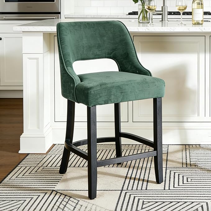 ClinQ Bar Stools Set of 1, 26" H Counter Height Bar Stools with Backs, Modern Upholstered Accent Barstools with Curved Footrest for Kitchen Island, Dining Room and Bar, Green-Black Legs