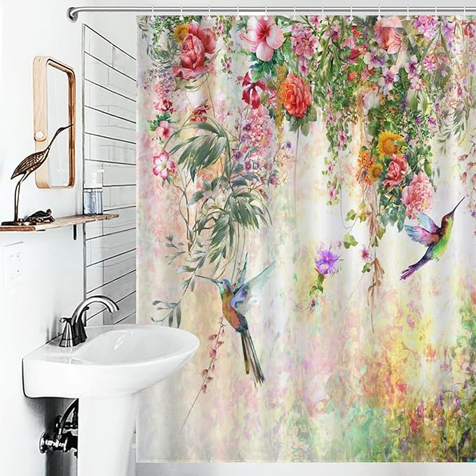 Watercolor Flowers Hummingbird Shower Curtain,Watercolor Floral with Tropical Flower Bird Butterfly Spring And Summer Waterproof Shower Curtains for Bathroom Decor 12 Pack Hooks 55x72in（140x183cm）