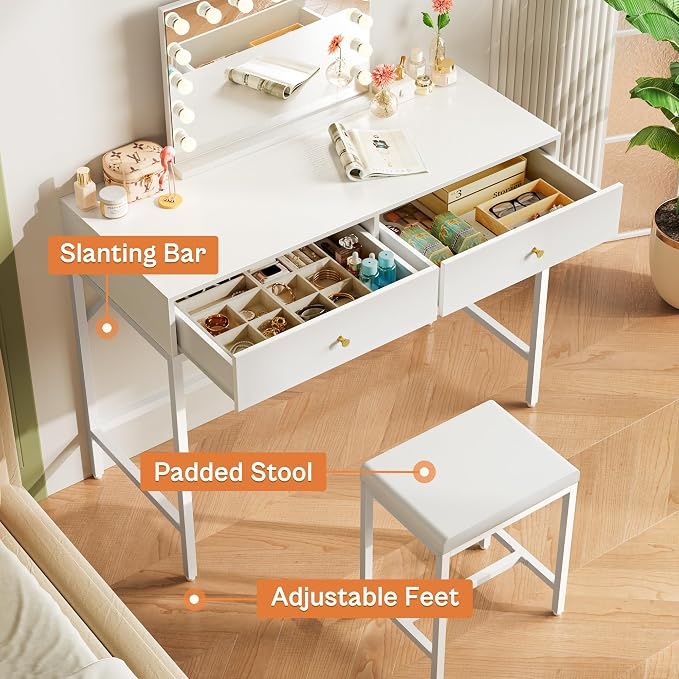 SUPERJARE 35.4" White Desk with 2 Drawers, Modern Makeup Vanity with Padded Stool, Small Computer Desk Home Office Desk for Writing Study Bedroom