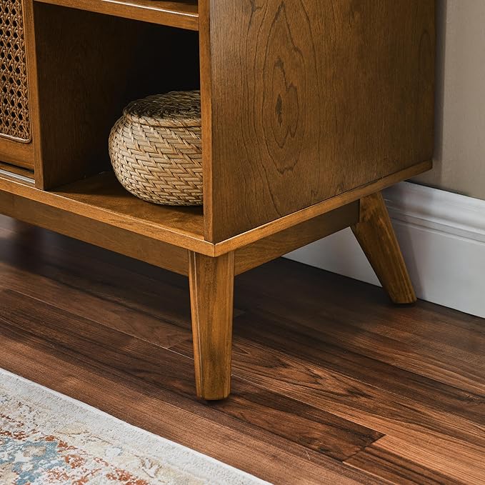 LKTART Mid Century Modern Storage Cabinet with Rattan Sliding Doors and Open Shelves, Boho Style Wooden Sideboard Buffet for Living Room,Light Walnut