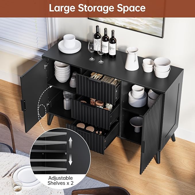 47.2" Fluted Sideboard Buffet Cabinet with 3 Drawers, Black Modern Buffet Cabinet with Storage, Large Storage Cabinets with 2 Doors Accent Credenza for Kitchen, Living Room, Entryway