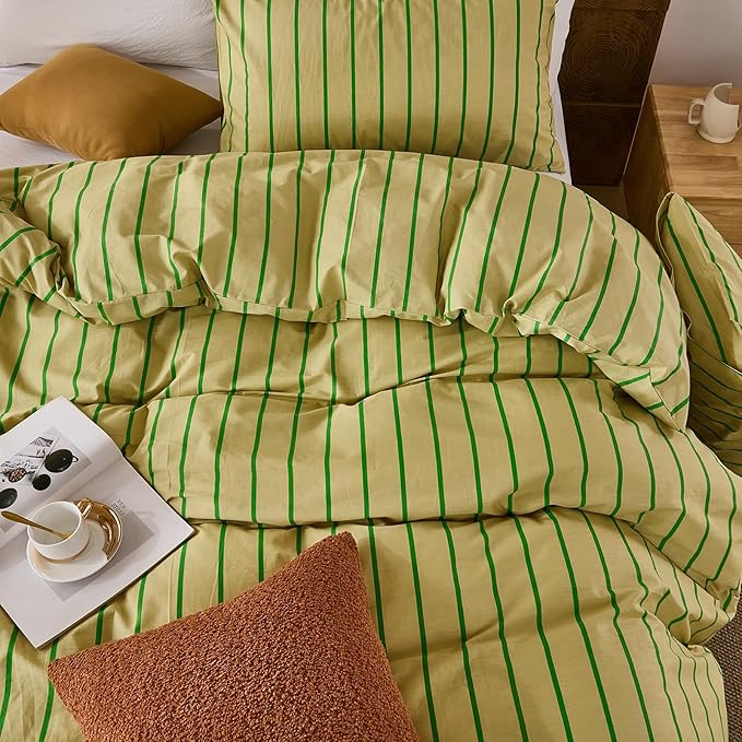 Merryword Striped Duvet Cover Set Queen Size - 100% Cotton Duvet Cover Set, Khaki & Green Stripes Pattern Comforter Cover 3 Pieces, Soft Linen Like Bedding Set for All Seasons