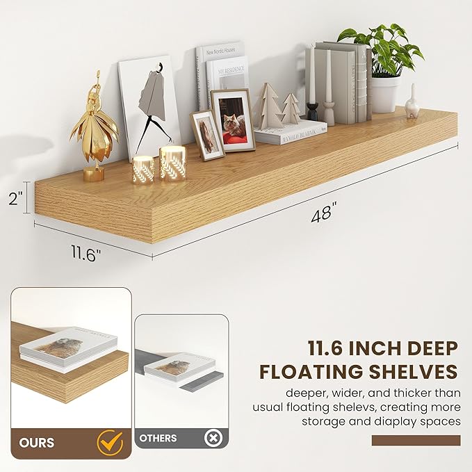 48 Inch Floating Shelves | 12 Inch Deep Oak Floating Shelves Set of 2 | 48" W x 12" D Oak Wall Shelves for Bathroom Living Room Kitchen Laundry Room