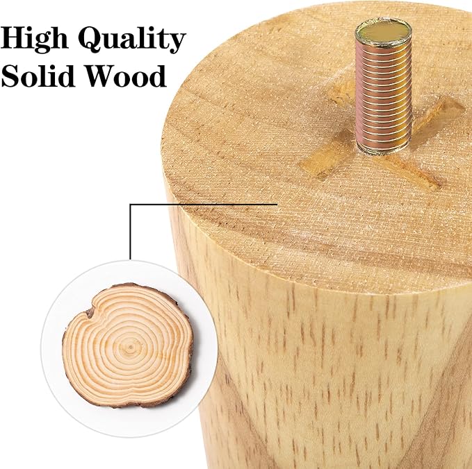 Ruisita 8 Pieces Furniture Couch Legs 6 Inch Round Solid Wood Sofa Legs with M8 T-Nuts Natural Wooden Couch Legs Replacement Leg for Armchair Cabinet Chair Mid Century Modern Dresser, Natural Wood